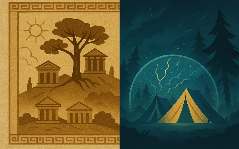 Contrast of ancient myth parchment and modern fantasy camp environment